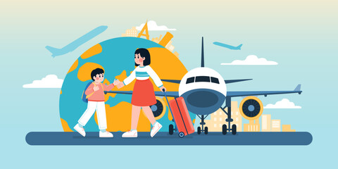 Woman And Boy Go To Travel Around The World, Vector, Illustration