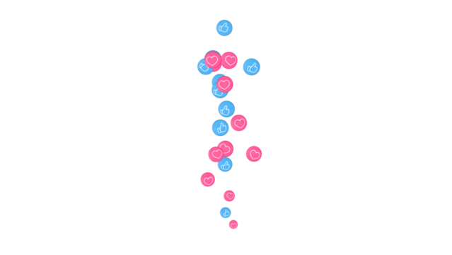 A steady upward stream of like. love reacts. Social media concept reacting to a positive viral post. Graphic effect. Transparent background.