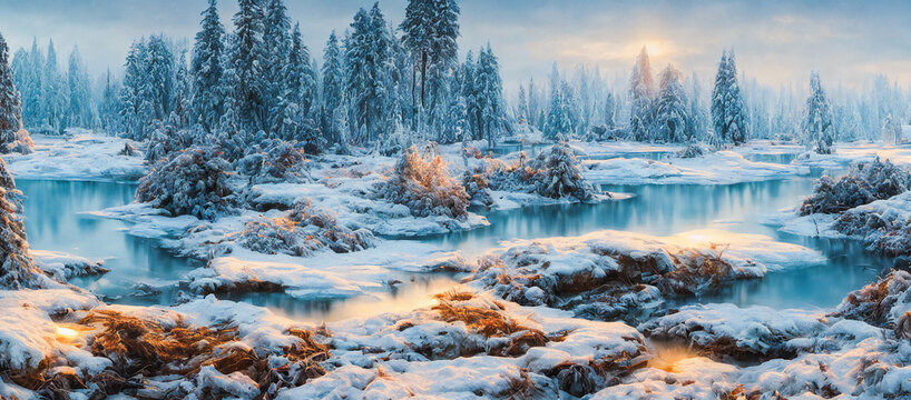 Frozen winter lake, golden hour, snow covered trees and bushes, 3d render