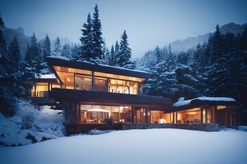 Beautiful shot of a cottage illuminated by lights in a ski resort surrounded by trees in winter