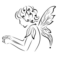 cute curly child elf with fairy wings, heart-shaped petals in hands, black outline on a white background