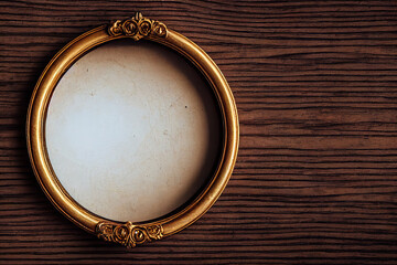 Empty luxurious circle frame on wooden table
