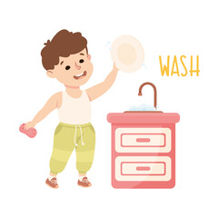 Little Boy Washing Dishes at Kitchen Sink Demonstrating Vocabulary and Verb Studying Vector Illustration