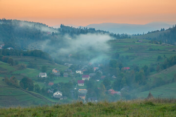 Foggy Early Morning in the Carpathian Village