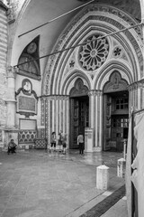 Naklejka premium Ancient Papal basilica of San Francesco of Assisi. Art and religion. Black and white