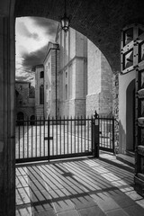 Plakat Ancient Papal basilica of San Francesco of Assisi. Art and religion. Black and white
