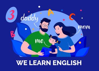E-learning. Internet courses. Home schooling. Foreign language for children. Mobile application, educational online platform.  Raster illustration in cartoon style.