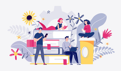 E-learning. Digital technologies. E-books, library, web archive. Mobile application, educational online platform. Raster illustration in cartoon style.