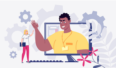 E-learning. Digital technologies. Remote student consultation, college. Mobile application, online platform for self-education. Raster illustration in cartoon style.