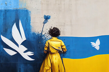 Graffiti of a girl in yellow dress and freedom dove with Ukrainian flag colors