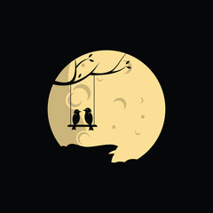 Pair of Birds Swinging logo with moon background design inspiration.