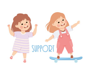 Little Girl Supporting Her Agemate Riding Skateboard Demonstrating Vocabulary and Verb Studying Vector Illustration