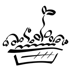 seedlings, young plants, weak and strong, in a box with soil, black outline