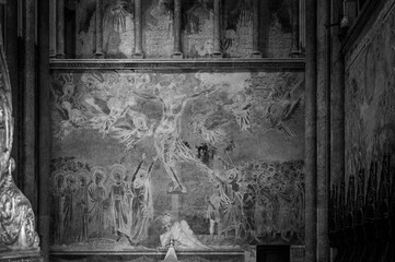 Ancient Papal basilica of San Francesco of Assisi. Art and religion. Black and white
