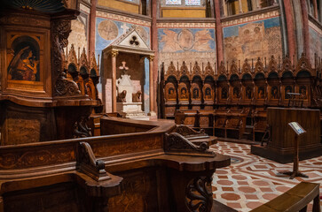 Ancient Papal basilica of San Francesco of Assisi. Art and religion. Black and white