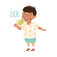 Little Boy Licking Ice Cream Demonstrating Vocabulary and Verb Studying Vector Illustration