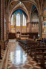 Ancient Papal basilica of San Francesco of Assisi. Art and religion. Black and white