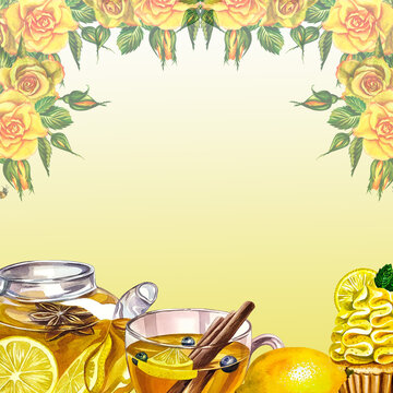 Tea frame, banner. Fragrant antiviral tea with lemon, cinnamon and ginger. Glass teapot and cup with vitamin tea