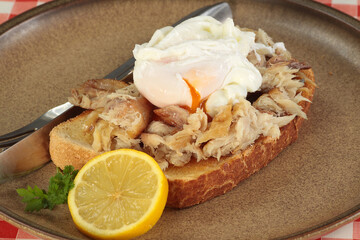 flaked smoked mackerel with poached egg