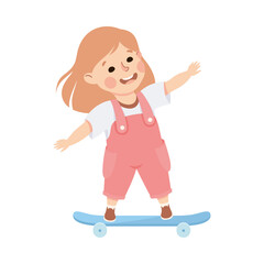 Cheerful Little Girl Riding on Skateboard Engaged in Outdoor Activity Vector Illustration
