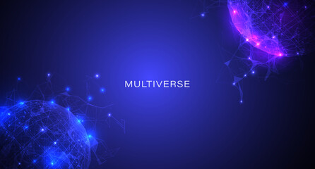 Digital futuristic multiverse planet low poly wireframe vector. Abstract blue vs purple sphere mesh line geometric concept illustration.