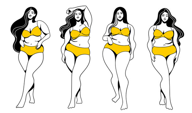 vector linear illustrations on the theme of body positivity. beautiful curvy plump girls are not shy of fat folds on the body and belly rolls. isolated on white background. love and accept your body.