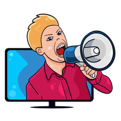 Man with loudspeaker from screen addresses people with TVs. Vector illustration
