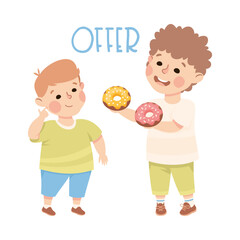 Little Boy Offering Donut to Agemate as Demonstration of Vocabulary and Verb Studying Vector Illustration