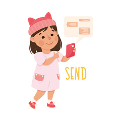 Little Girl Sending Message Via Smartphone as Demonstration of Vocabulary and Verb Studying Vector Illustration