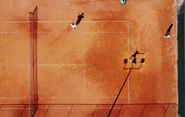 Tennis court drone aerial shot vertical top view, overhead shot of a player shadow silhouette ...