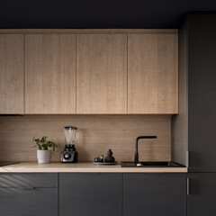 Small dark and wooden kitchen, close-up