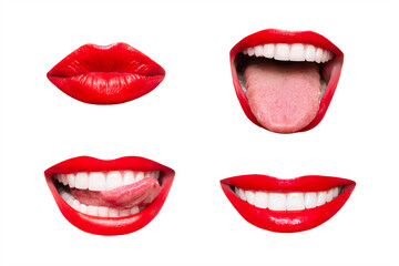 Set of woman's mouths with red glossy lips smiling, showing tongue, kissing isolated on a white...