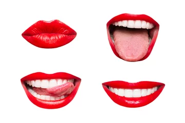 Fotobehang Set of woman's mouths with red glossy lips smiling, showing tongue, kissing isolated on a white background. Smiles, joy, laughter, positive emotions. Contemporary art. Modern design. Trendy icons © Марина Демешко