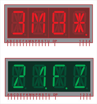 Vector image of a four-digit fourteen-segment
liquid crystal indicator chip in green and red colors.