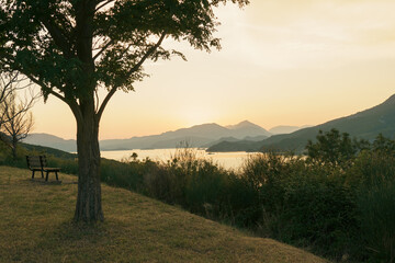 Scenic view at Lake Kremasta in Karpenissi Greece at sunset