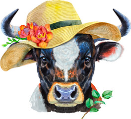 Watercolor illustration of black powerful bull in summer hat
