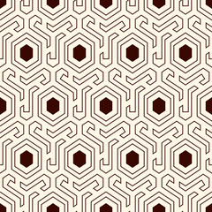 Honeycomb seamless pattern. Hexagon mosaic tiles ornament. Ethnic surface print. Repeated geometric figures background. Ornamental wallpaper. Modern geo design digital paper. Vector abstract work