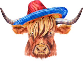 Watercolor illustration of a brown long-horned bull bull in a sombrero hat