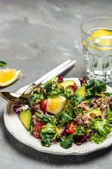Tuna salad with lettuce, cherry tomatoes, avocado and red onions. Delicious breakfast or snack, vertical image. top view. place for text