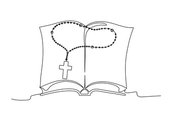 Bible. Open book with rosary. Continuous line drawing. Christianity concept