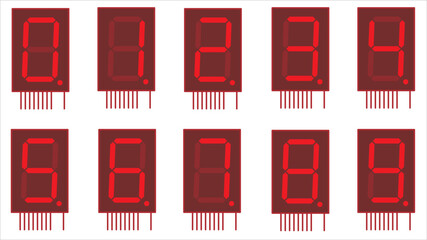 Vector image of digits from zero to nine on
the screen of a single-digit seven-segment
liquid crystal indicator chip in red color.