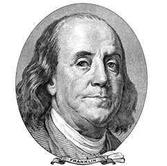 Benjamin Franklin cut on old 100 dollars banknote isolated