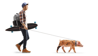 Full length profile shot of a guy with a backpack and longboard walking a piglet pet © Ljupco Smokovski