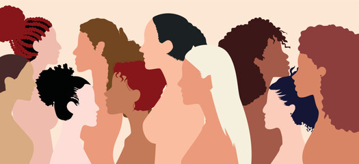 Diverse groups of people with diverse cultures and ethnicities. Concept of racial equality and anti-racism. Profiles of women and men.