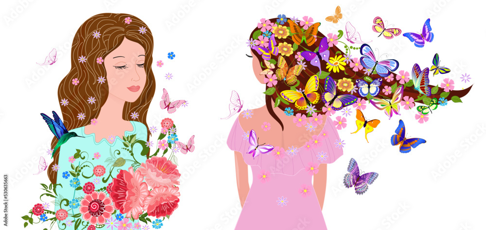 Wall mural collection card with standing girls with flowers in hairstyle. p