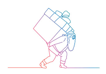 Santa Claus carries a heavy big box. Rainbow gradient.