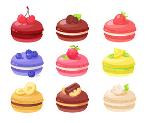 Macaroons with different flavors vector illustrations set. Collection of cartoon drawings of macaroons with strawberry, cherry, blueberry, raspberry on white background. Food, desserts, bakery concept