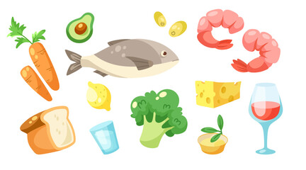 Elements of Mediterranean diet vector illustrations set. Collection of cartoon drawings of seafood, fish, shrimps, vegetables, bread isolated on white background. Nutrition, food, diet concept