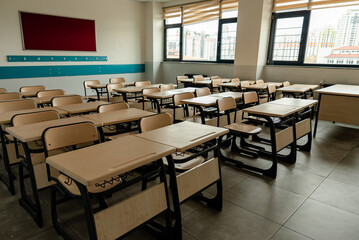 Classroom in background without ,No student or teacher . modern classroom environment