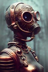 post apocalyptic mask, steampunk copper helmet and armor, fictional person created with generative ai